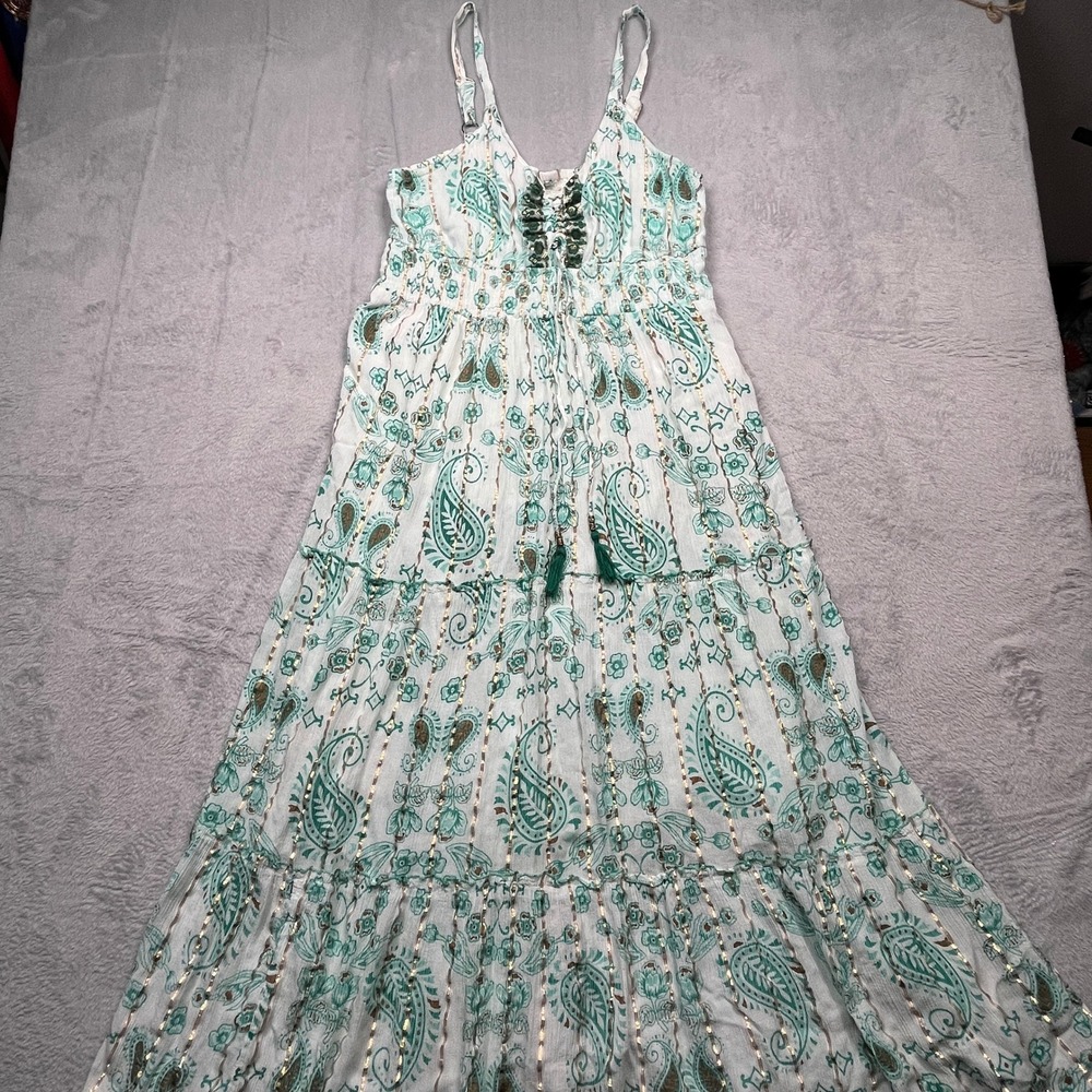 Me 2 Magic Maxi Dress Womens White Teal Paisley Gold Lurex Boho Tiered Tassel XL